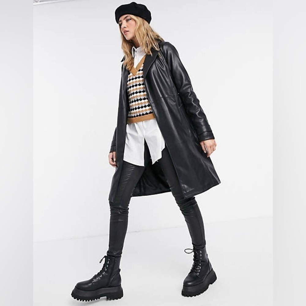 A&F Women's Black Faux Leather Trench Coat